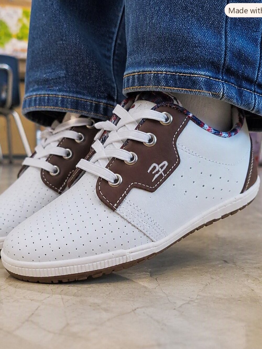 Girl's Casual Brown And White Lace-Up Perforated Sneakers w Anti-fatigue Sole